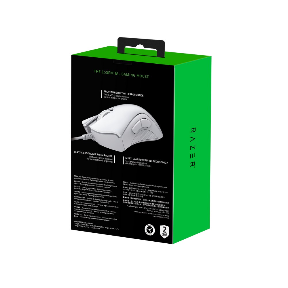 Razer DeathAdder Essential White Edition Green Backlit 6,400 DPI Optical Wired Gaming Mouse