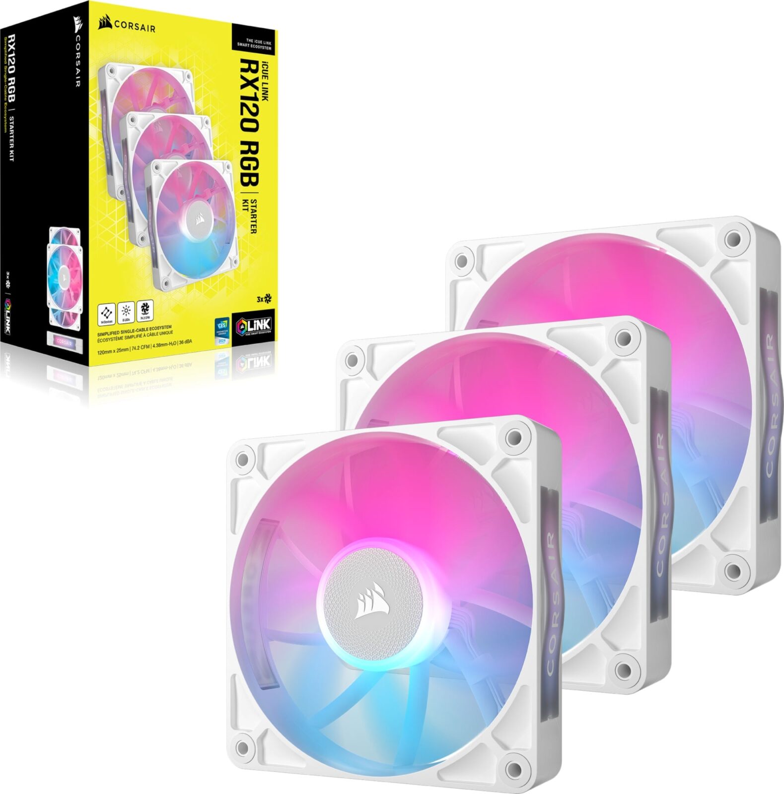 Corsair RX120 RGB iCUE Link 120mm PWM 2100 RPM White Case Fan - Triple Pack & System Hub