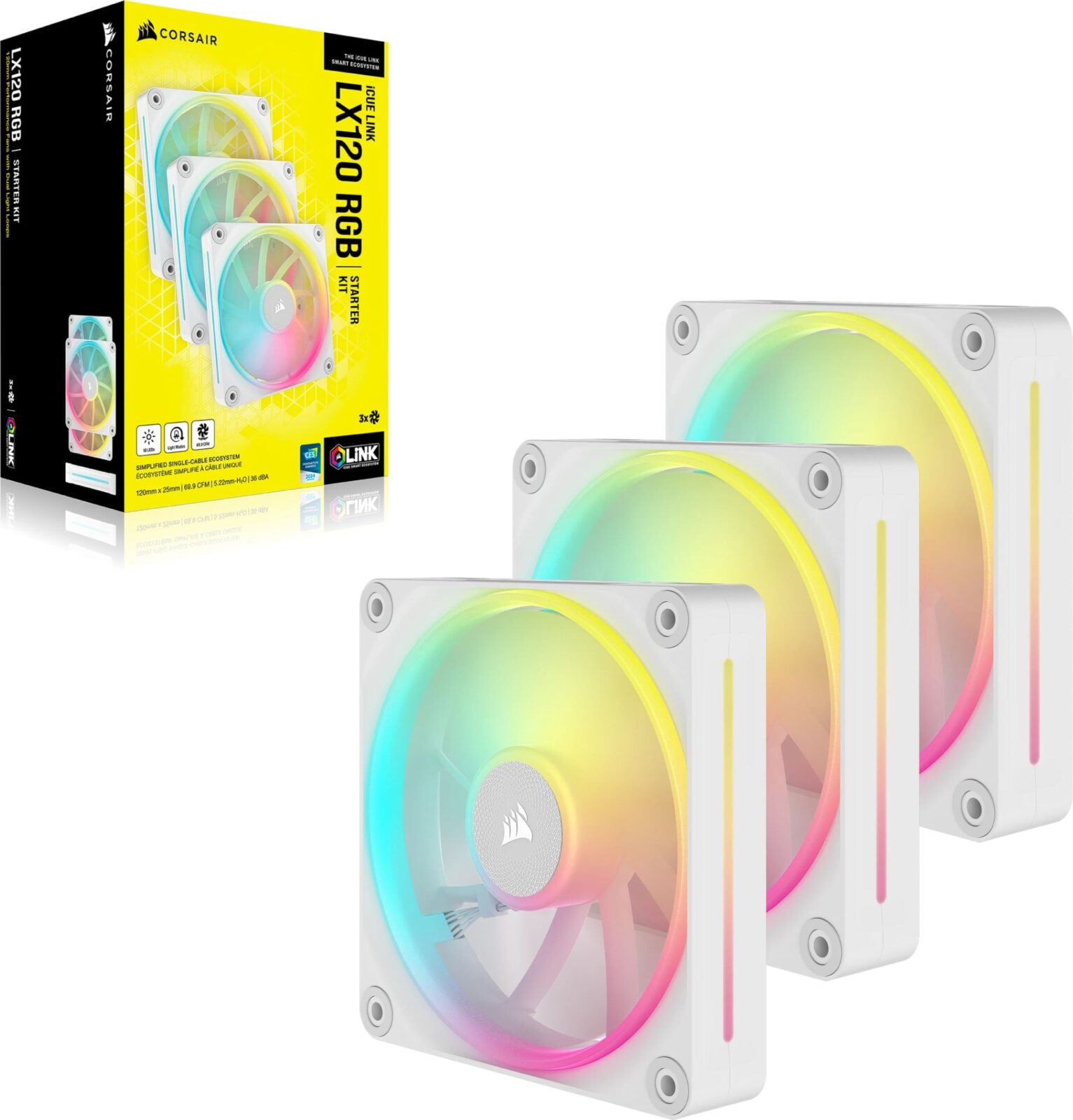 Corsair LX120 RGB iCUE LINK 120mm PWM 2400 RPM White Case Fan - Triple Pack & System Hub