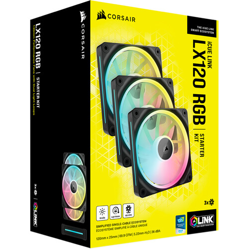 Corsair LX120 RGB iCUE LINK 120mm PWM 2400 RPM Black Case Fan - Triple Pack & System Hub
