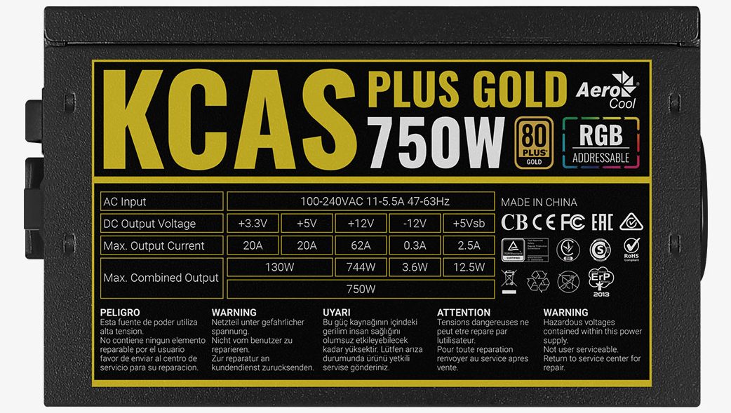 Aerocool KCAS PLUS Gold 750W RGB Non-Modular ATX Power Supply Unit