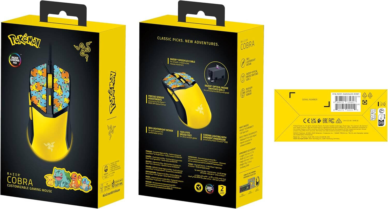 Razer Cobra Chroma RGB Pokémon Kanto Starters 8500 DPI Optical Right-Handed Black & Yellow Wired Gaming Mouse