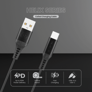 Volkano Helix Series 60W Type-C to Type-A Coiled Cable 1m Black Volkano Helix Series 60W Type-C to Type-A Coiled Cable 1m Black